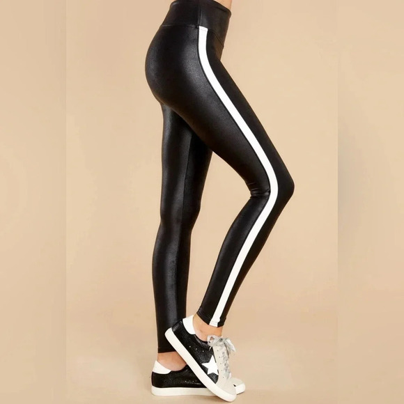 Spanx Women’s Faux Leather Very Black Side Stripe Leggings Tummy Control Size S - Picture 4 of 12
